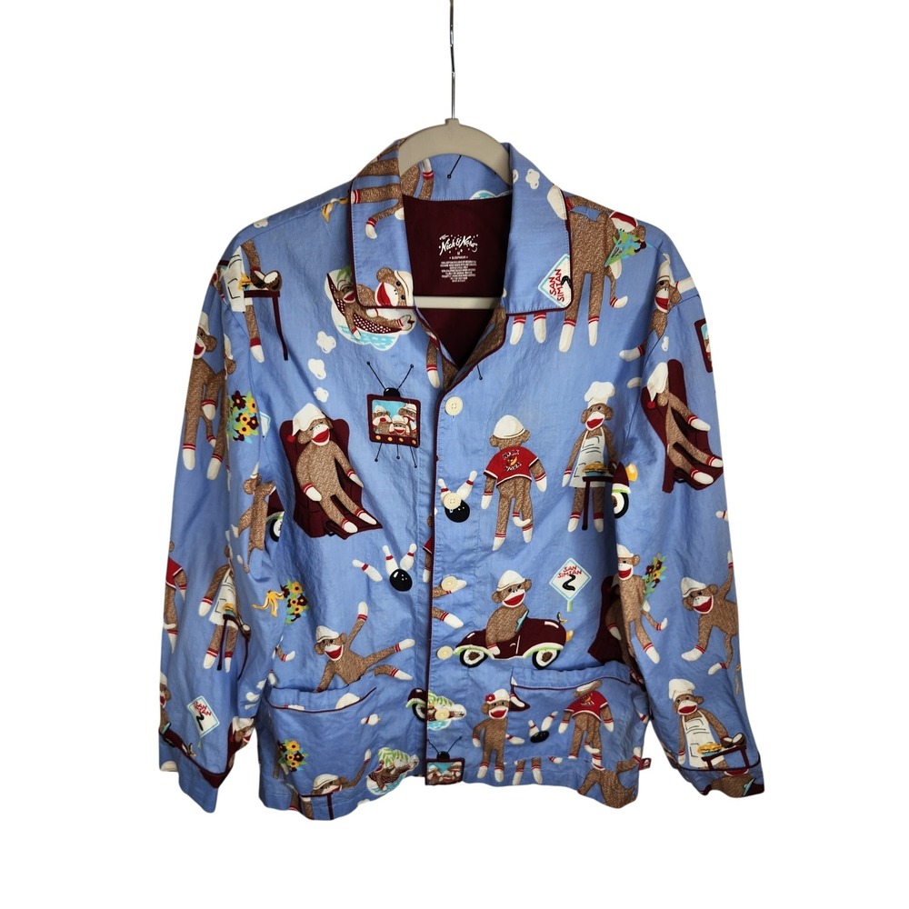 Nick & Nora Pajama Top Size Medium Blue Sock Monkey Print Long Sleeve Cotton